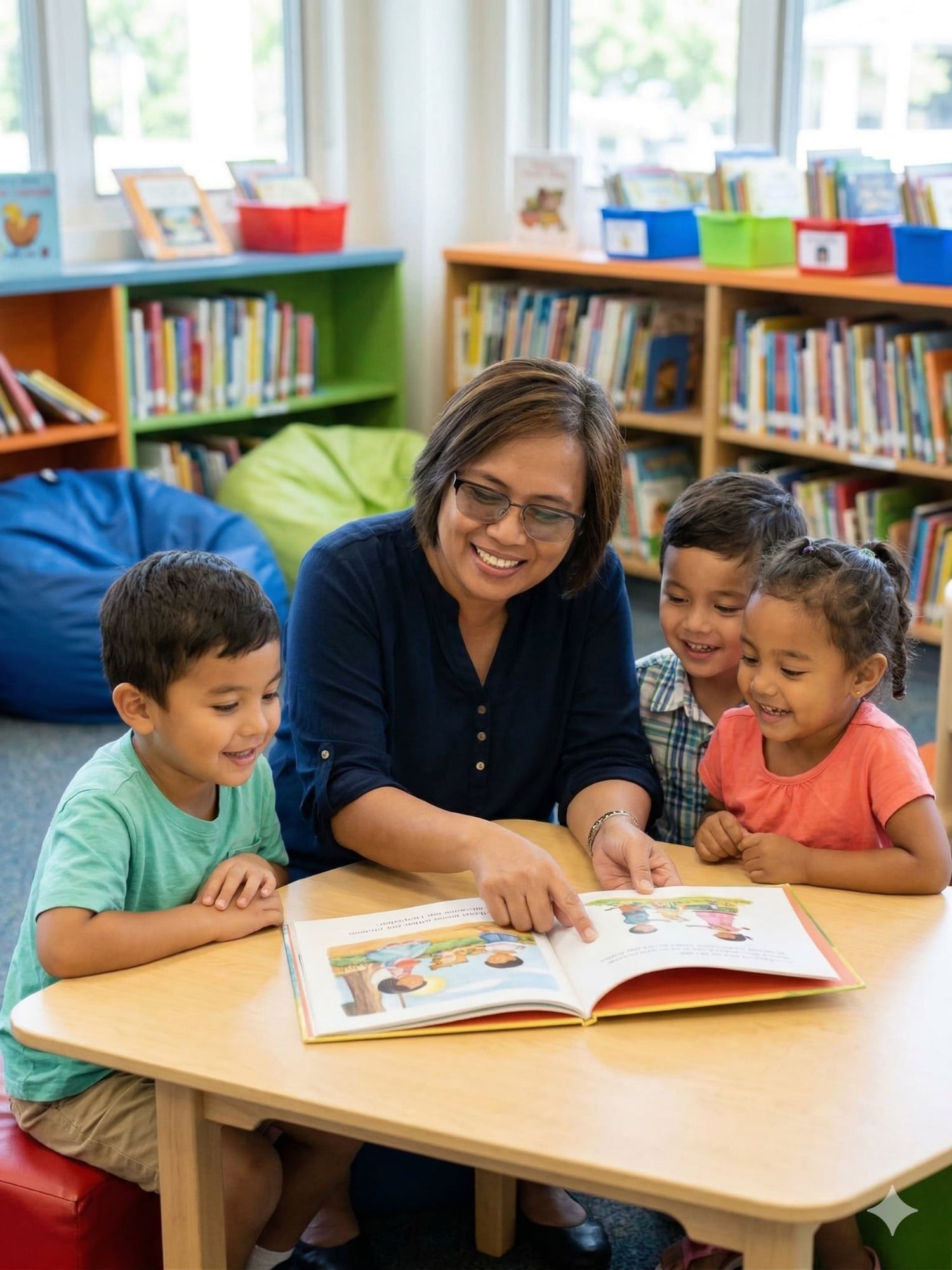 Children's author Marilou Urbi reading a storybook to young children in a classroom library, encouraging literacy, imagination, and a love of reading.