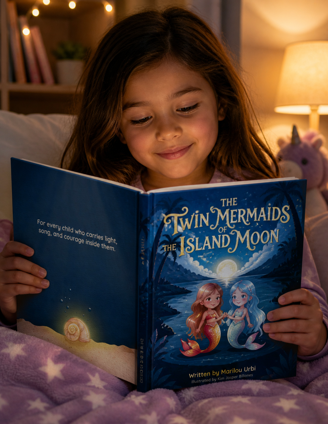 Young girl reading The Twin Mermaids of the Island Moon, a beautifully illustrated children's fantasy book about friendship, courage, and adventure.