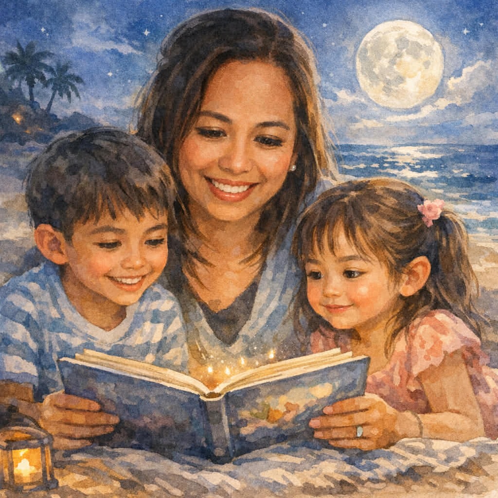 Mother reading The Twin Mermaids of the Island Moon with two children, sharing a magical family reading moment by the moonlit ocean.