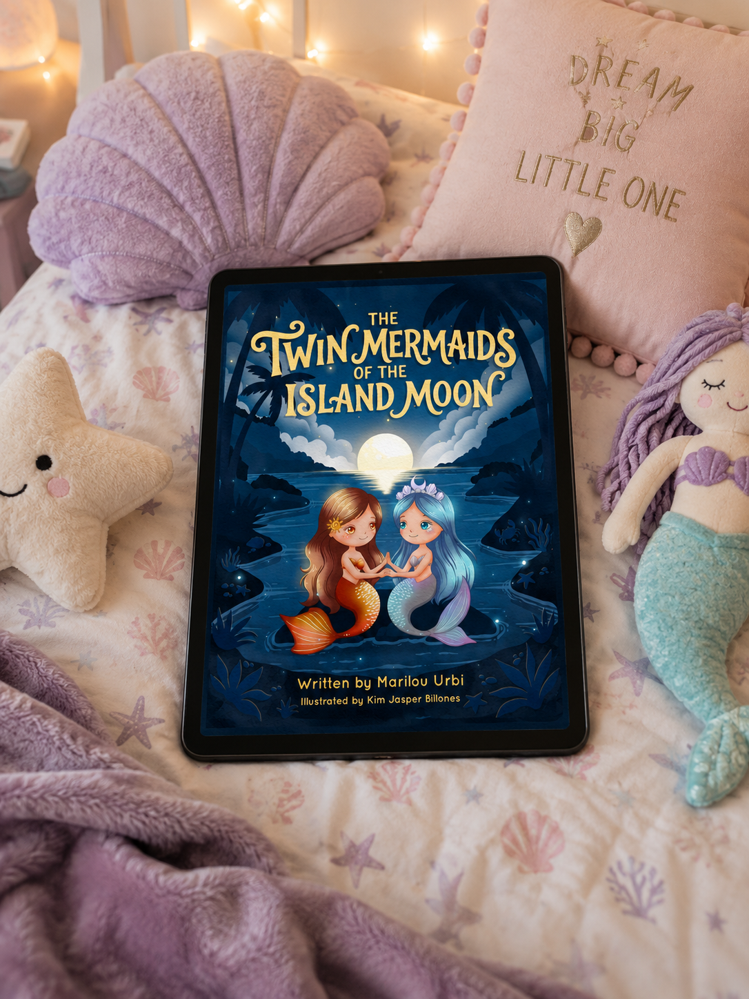 The Twin Mermaid Story children's book cover featuring twin mermaid sisters exploring Island Moon
