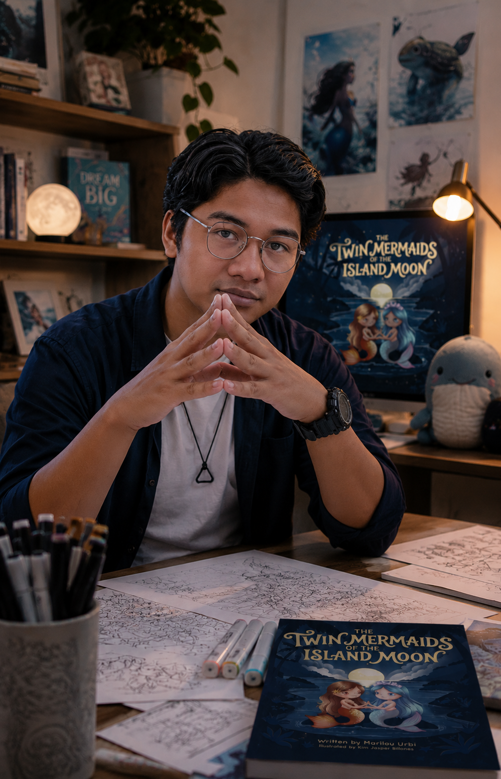 The Book Illustrator of the Twin Mermaids of the Island Moon - Kim Jasper Billones and his workspace